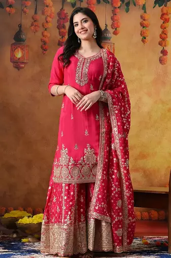 Hot pink chiffon embroidered sharara set