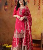 Hot pink chiffon embroidered sharara set
