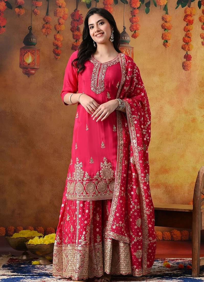 Hot pink chiffon embroidered sharara set