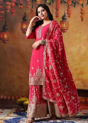 Hot pink chiffon embroidered sharara set 2