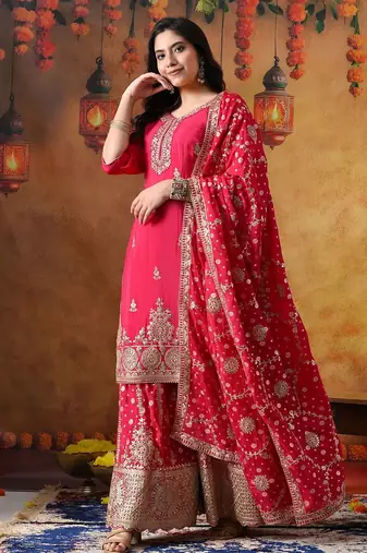 Hot pink chiffon embroidered sharara set