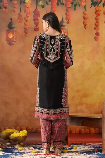 Black chinon embroidered kurta set