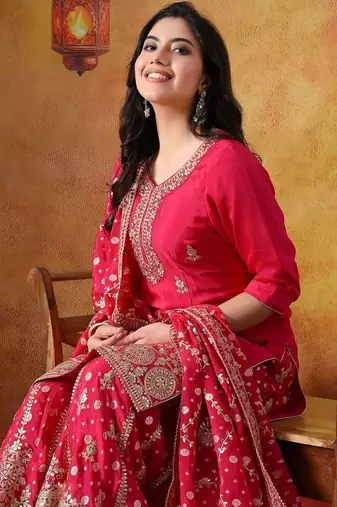 Hot pink chiffon embroidered sharara set