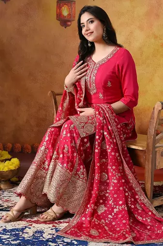 Hot pink chiffon embroidered sharara set