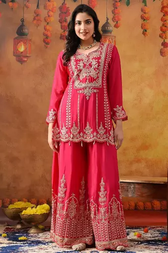 Hot pink chinon embroidered sharara set