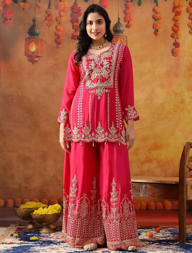 Hot pink chinon embroidered sharara set