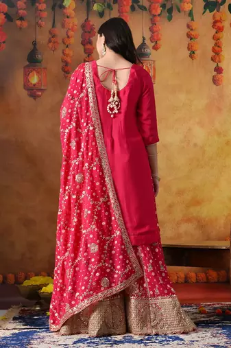 Hot pink chiffon embroidered sharara set