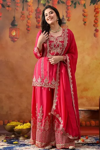 Hot pink chinon embroidered sharara set