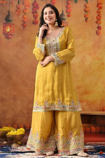Yellow crepe embroidered sharara set