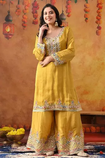 Yellow crepe embroidered sharara set