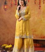 Yellow crepe embroidered sharara set