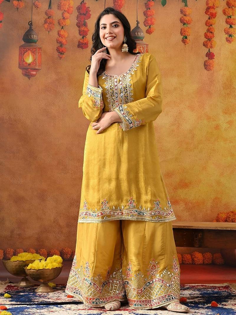Yellow crepe embroidered sharara set