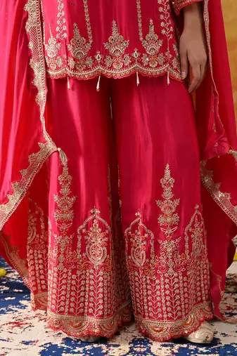 Hot pink chinon embroidered sharara set
