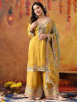 Yellow crepe embroidered sharara set 2