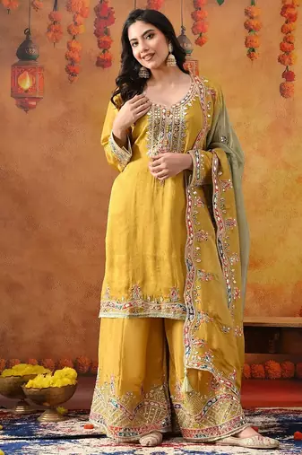 Yellow crepe embroidered sharara set