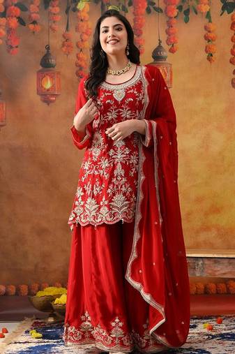 Reddish maroon chinon embroidered sharara set