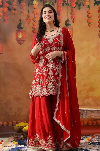 Reddish maroon chinon embroidered sharara set