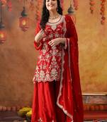 Reddish maroon chinon embroidered sharara set