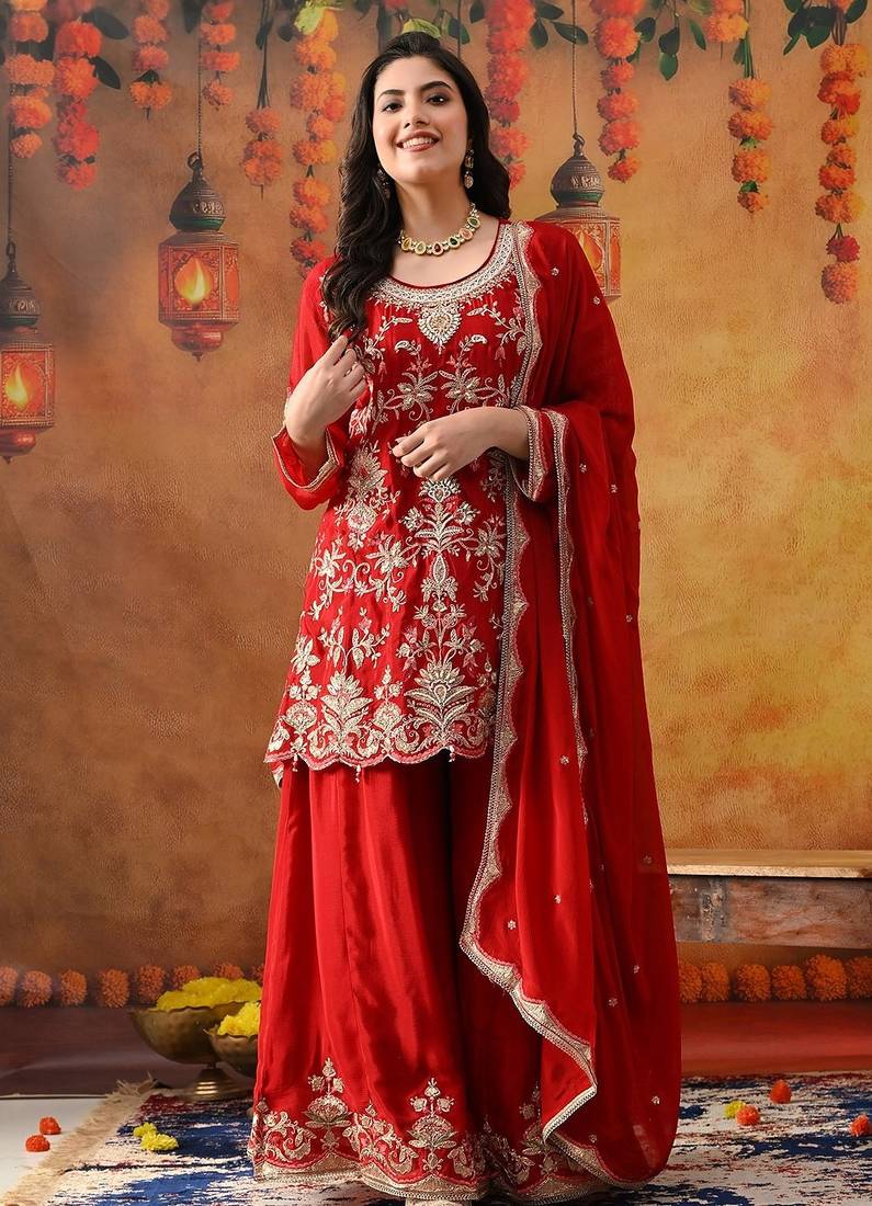 Reddish maroon chinon embroidered sharara set