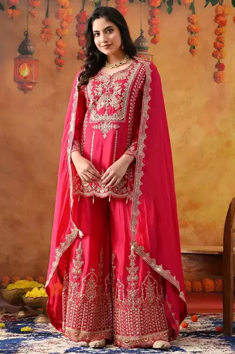 Hot pink chinon embroidered sharara set