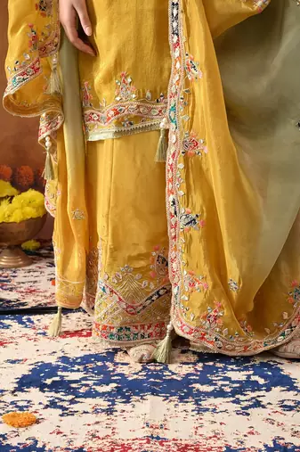 Yellow crepe embroidered sharara set
