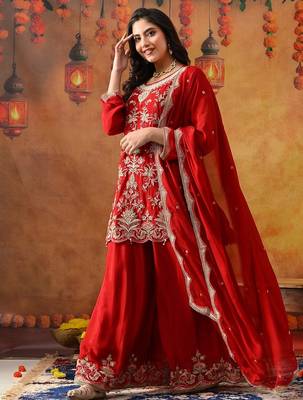Reddish maroon chinon embroidered sharara set 2
