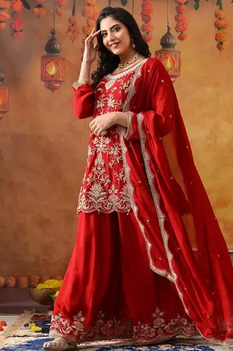 Reddish maroon chinon embroidered sharara set