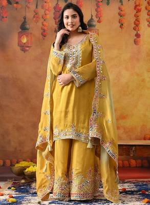 Yellow crepe embroidered sharara set 4