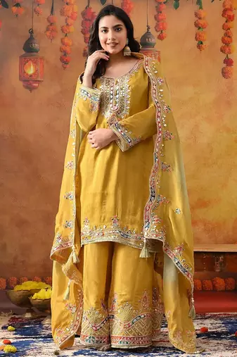 Yellow crepe embroidered sharara set