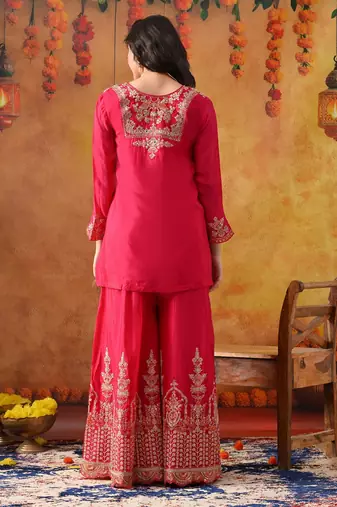 Hot pink chinon embroidered sharara set
