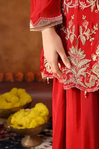 Reddish maroon chinon embroidered sharara set