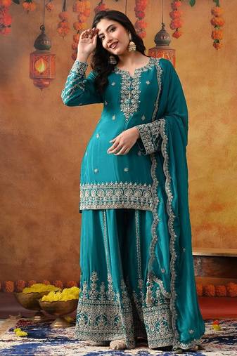 Dark blueish green chinon embroidered sharara set