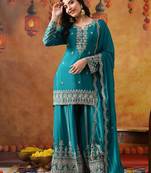 Dark blueish green chinon embroidered sharara set