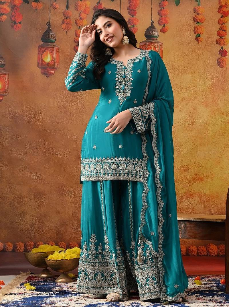 Dark blueish green chinon embroidered sharara set