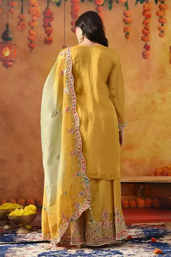 Yellow crepe embroidered sharara set