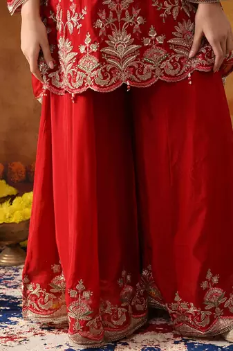 Reddish maroon chinon embroidered sharara set