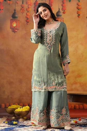 Mint green crepe embroidered sharara set