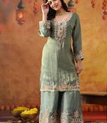 Mint green crepe embroidered sharara set