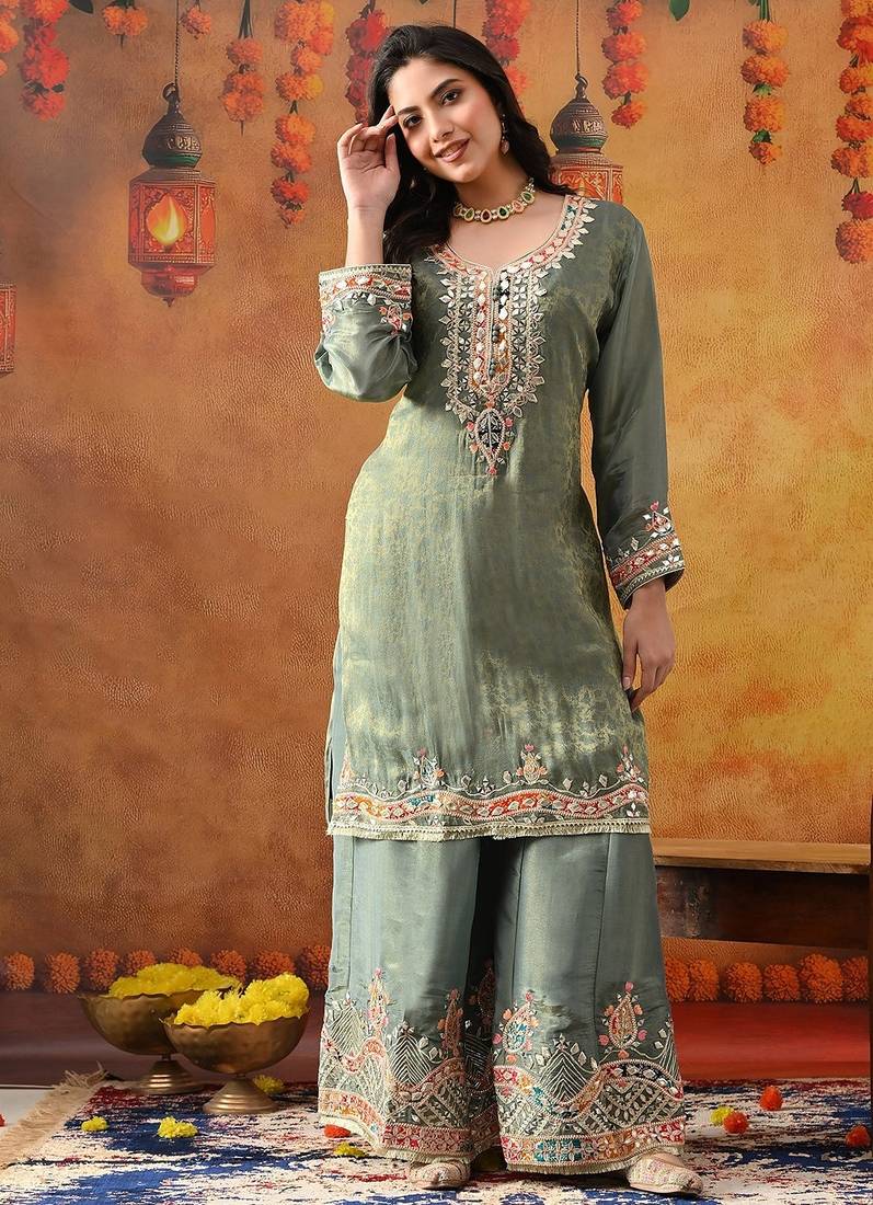 Mint green crepe embroidered sharara set