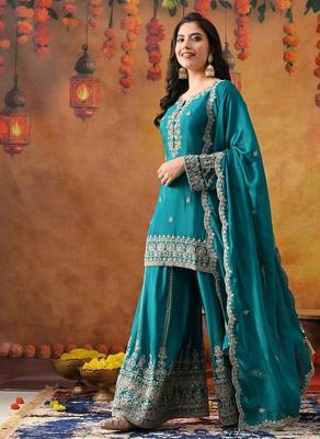 Dark blueish green chinon embroidered sharara set 2