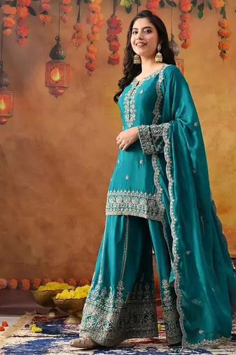 Dark blueish green chinon embroidered sharara set
