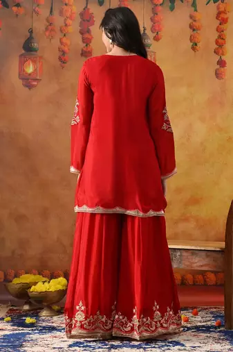 Reddish maroon chinon embroidered sharara set