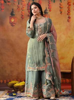Mint green crepe embroidered sharara set 2