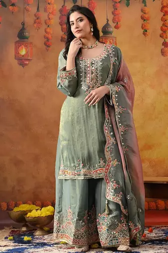 Mint green crepe embroidered sharara set