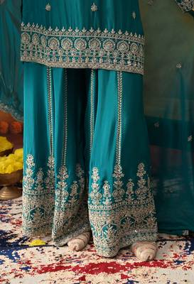 Dark blueish green chinon embroidered sharara set 3