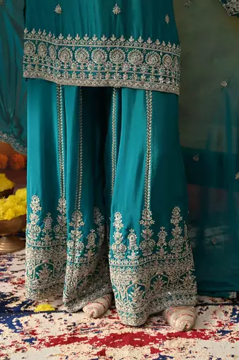 Dark blueish green chinon embroidered sharara set