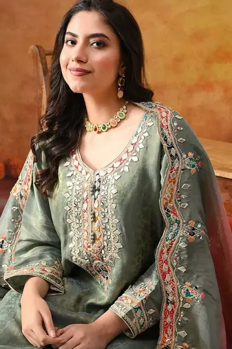 Mint green crepe embroidered sharara set