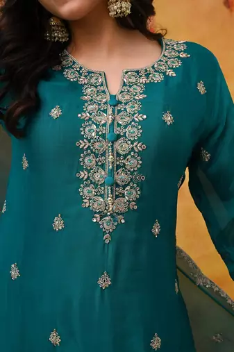 Dark blueish green chinon embroidered sharara set