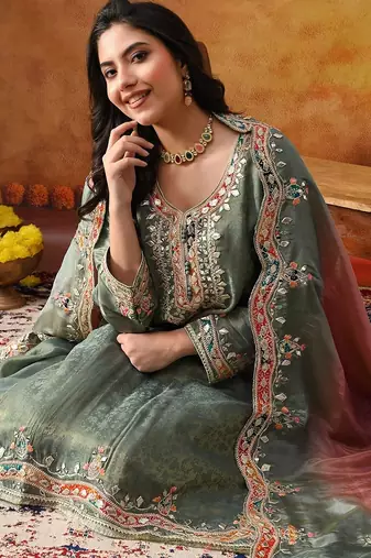 Mint green crepe embroidered sharara set