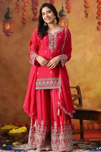 Hot pink chinon embroidered sharara set